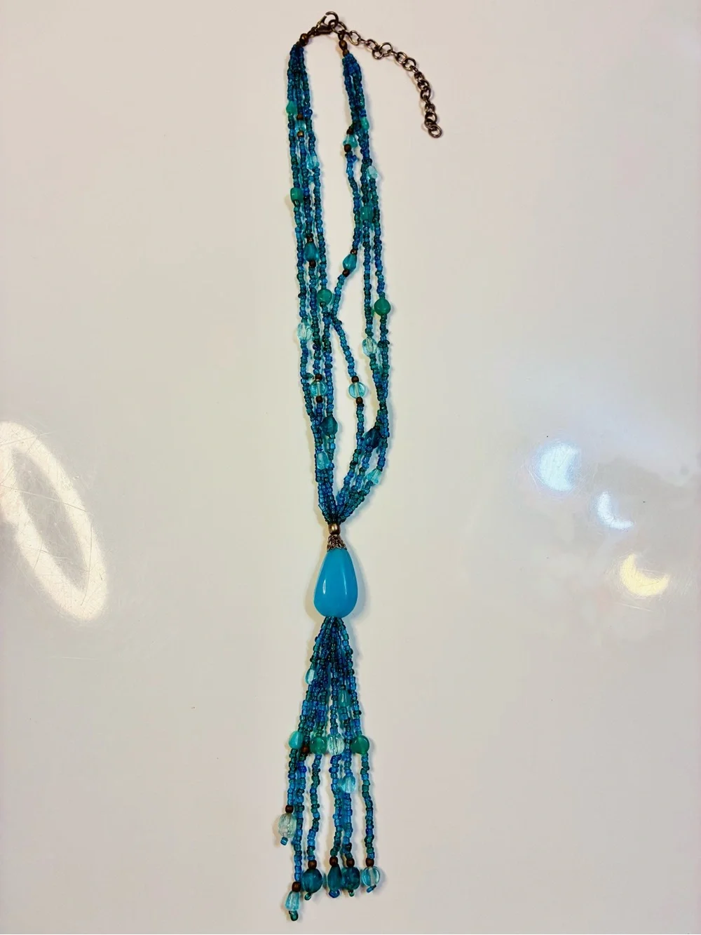 Aqua Blue Multi-Strand Tassel Necklace with Teardrop Pendant - Women Jewelry